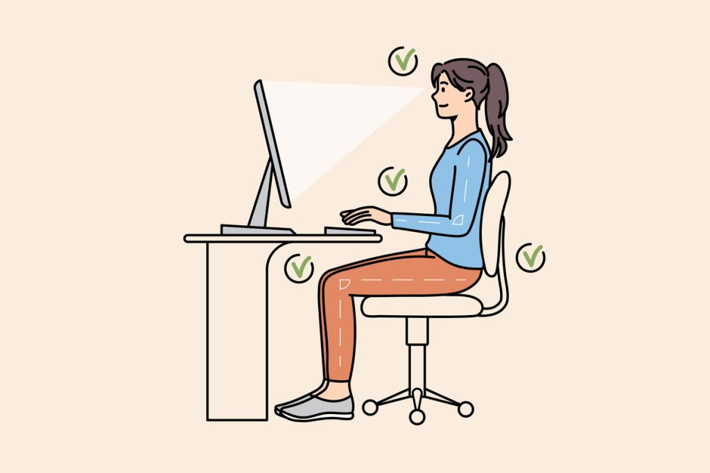 Girl sit at desk work on computer in correct position. Young woman keep right distance between eyes and posture at PC table. Ergonomic office job concept. 
